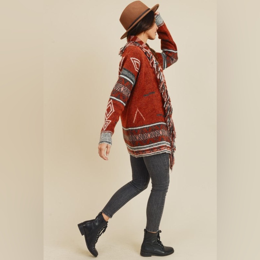 Doe & Rae Aztec Open Front Fringe Cardigan Sweater Brown Multi Size L EXCELLENT! - Picture 6 of 16